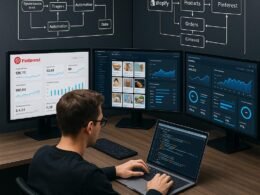 Moderner Arbeitsplatz mit Entwickler, mehreren Monitoren, Diagrammen und API-Verbindungen zwischen Shopify und Pinterest, aufgenommen von Tobias Hager für 404 Magazine
