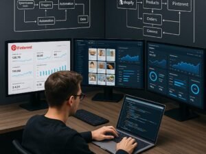 Moderner Arbeitsplatz mit Entwickler, mehreren Monitoren, Diagrammen und API-Verbindungen zwischen Shopify und Pinterest, aufgenommen von Tobias Hager für 404 Magazine