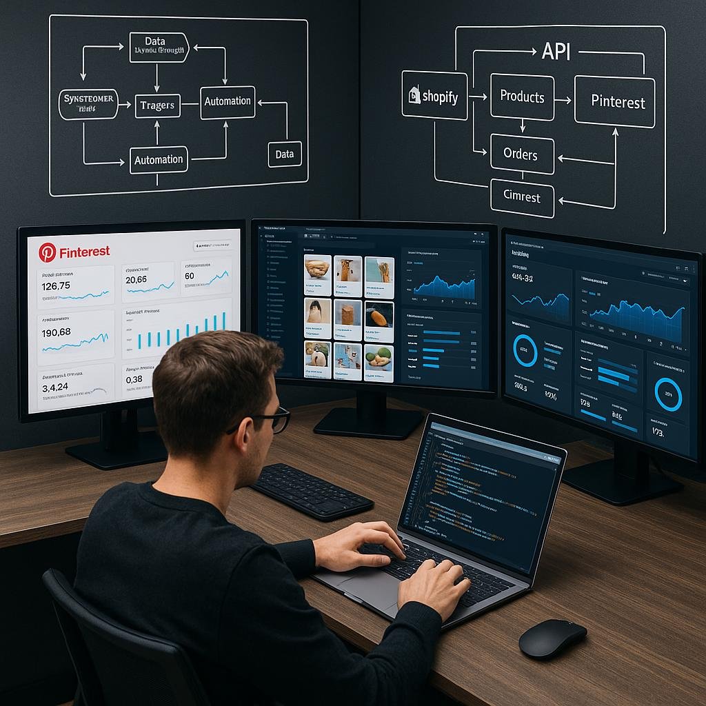 Moderner Arbeitsplatz mit Entwickler, mehreren Monitoren, Diagrammen und API-Verbindungen zwischen Shopify und Pinterest, aufgenommen von Tobias Hager für 404 Magazine