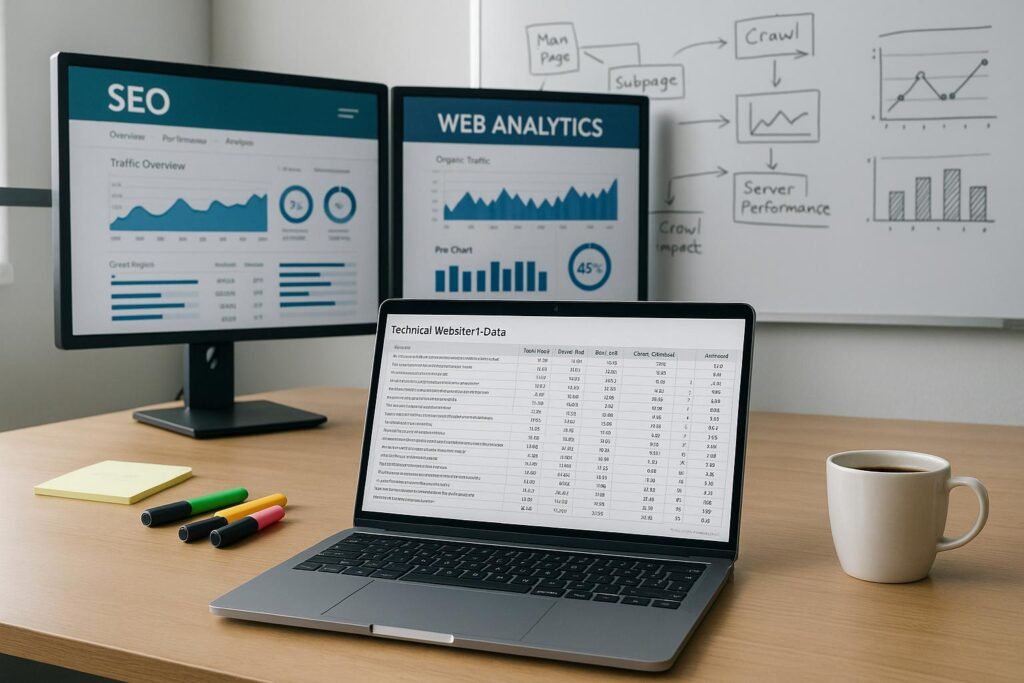 Modernes Büro mit Monitoren, Laptop, Notizen und Whiteboard mit Website-Struktur und Performance-Diagrammen
