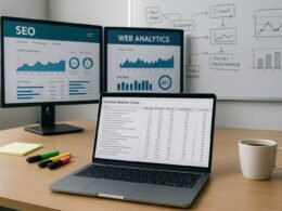 Modernes Büro mit Monitoren, Laptop, Notizen und Whiteboard mit Website-Struktur und Performance-Diagrammen