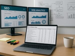 Modernes Büro mit Monitoren, Laptop, Notizen und Whiteboard mit Website-Struktur und Performance-Diagrammen