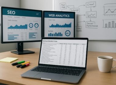 Modernes Büro mit Monitoren, Laptop, Notizen und Whiteboard mit Website-Struktur und Performance-Diagrammen