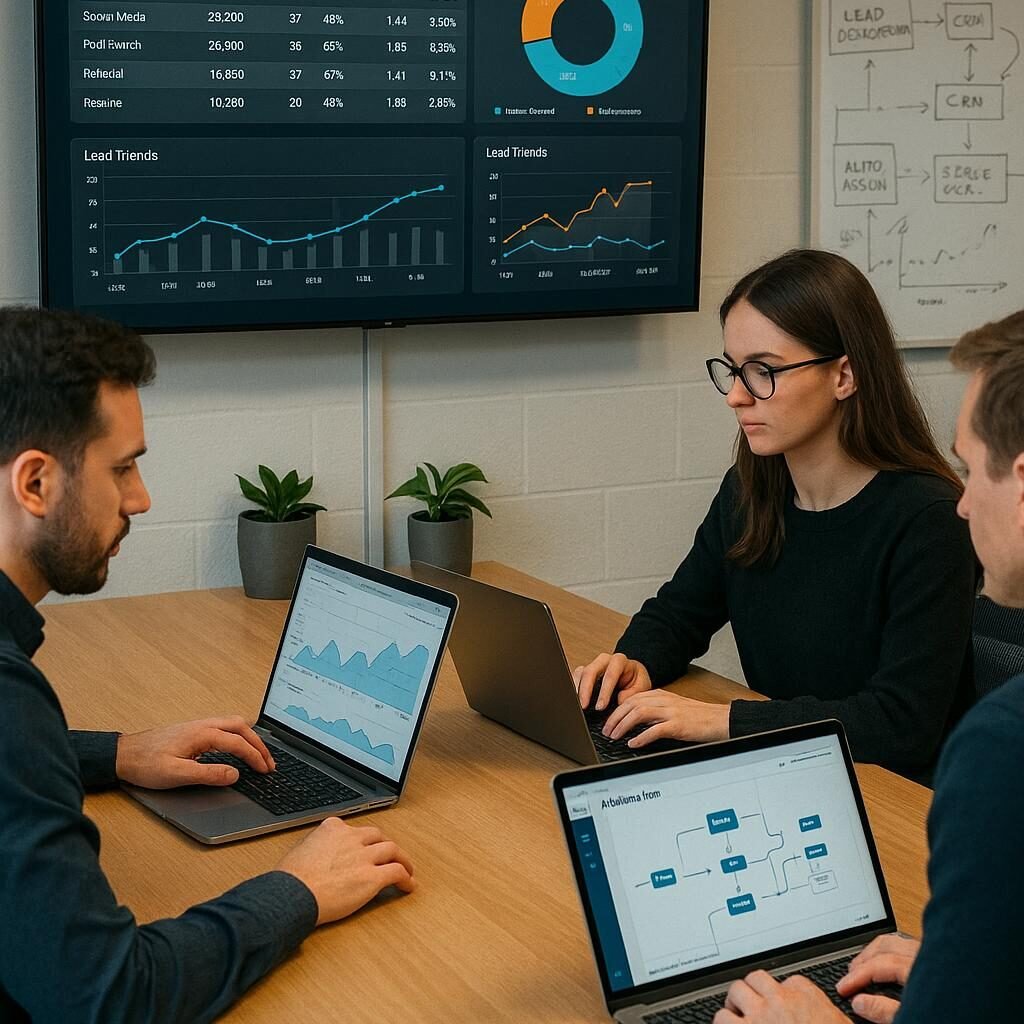Modernes Büro mit großem Bildschirm, Datentabellen, Dashboards und Team bei der Lead-Analyse, Whiteboards im Hintergrund, Tobias Hager, 404 Magazine