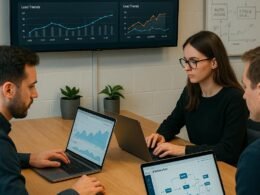 Modernes Büro mit großem Bildschirm, Datentabellen, Dashboards und Team bei der Lead-Analyse, Whiteboards im Hintergrund, Tobias Hager, 404 Magazine
