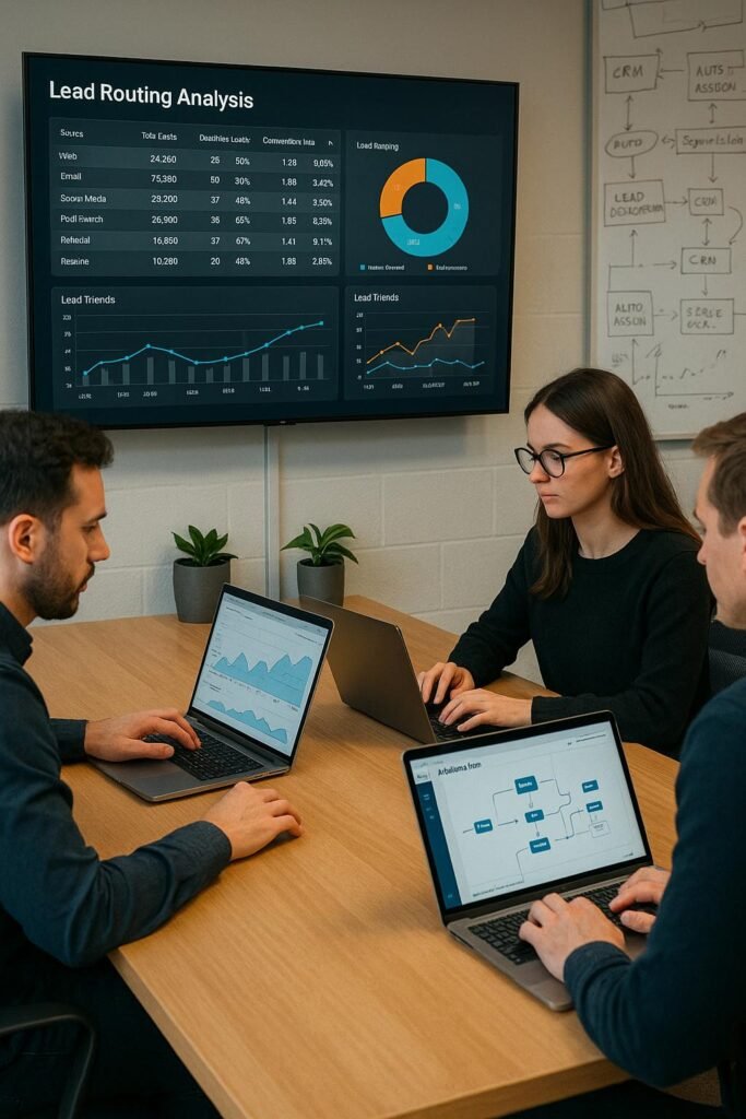 Modernes Büro mit großem Bildschirm, Datentabellen, Dashboards und Team bei der Lead-Analyse, Whiteboards im Hintergrund, Tobias Hager, 404 Magazine