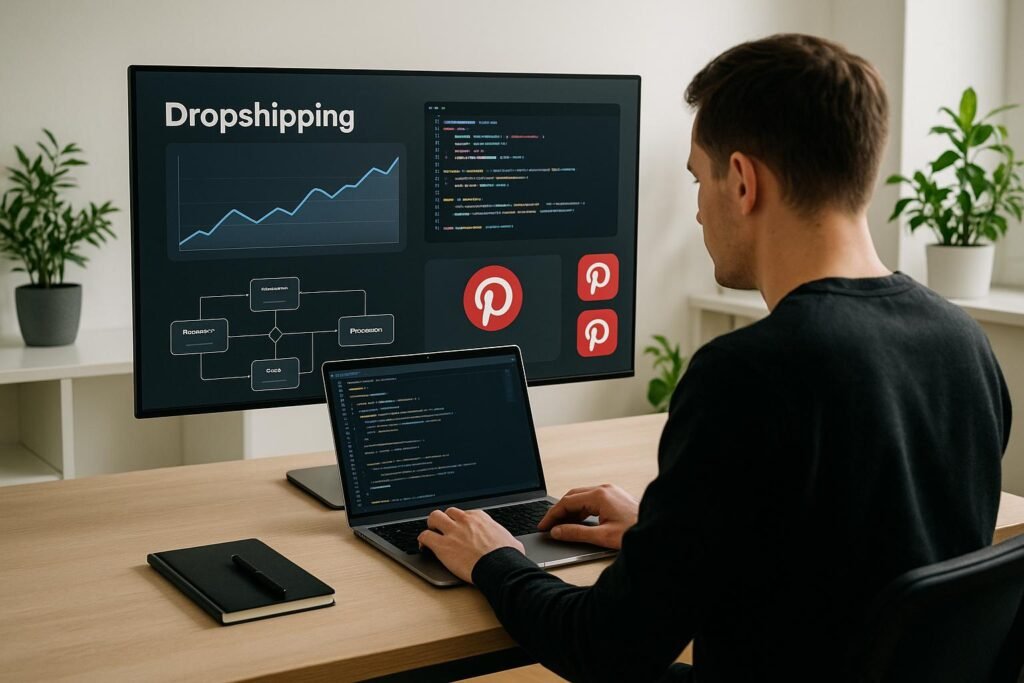 Person arbeitet an einem Laptop in einer digitalen Arbeitsumgebung mit Diagrammen, Code-Referenzen und Pinterest-Icons, umgeben von hellen, minimalistischen Büroelements und grünen Pflanzen.