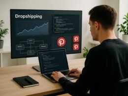 Person arbeitet an einem Laptop in einer digitalen Arbeitsumgebung mit Diagrammen, Code-Referenzen und Pinterest-Icons, umgeben von hellen, minimalistischen Büroelements und grünen Pflanzen.