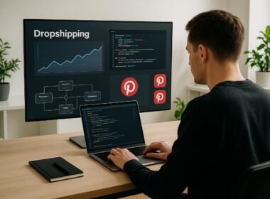 Person arbeitet an einem Laptop in einer digitalen Arbeitsumgebung mit Diagrammen, Code-Referenzen und Pinterest-Icons, umgeben von hellen, minimalistischen Büroelements und grünen Pflanzen.