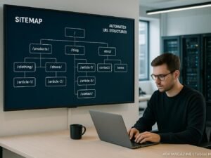 Modernes Büro mit digitalem Bildschirm, der eine Sitemap und automatisierte URL-Strukturen zeigt, Entwickler vor Laptop im Hintergrund, Servertechnik sichtbar