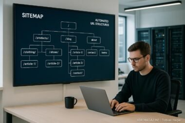Modernes Büro mit digitalem Bildschirm, der eine Sitemap und automatisierte URL-Strukturen zeigt, Entwickler vor Laptop im Hintergrund, Servertechnik sichtbar