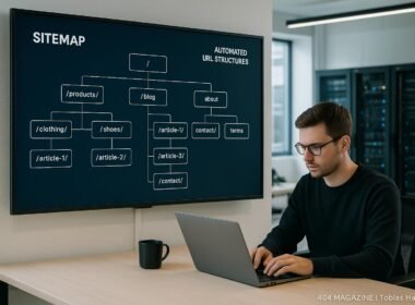 Modernes Büro mit digitalem Bildschirm, der eine Sitemap und automatisierte URL-Strukturen zeigt, Entwickler vor Laptop im Hintergrund, Servertechnik sichtbar