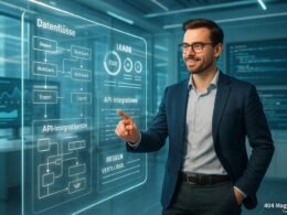 Futuristisches Büro-Setup mit transparentem Display, holografischem Interface und mehreren Bildschirmen, die Daten und Code zeigen