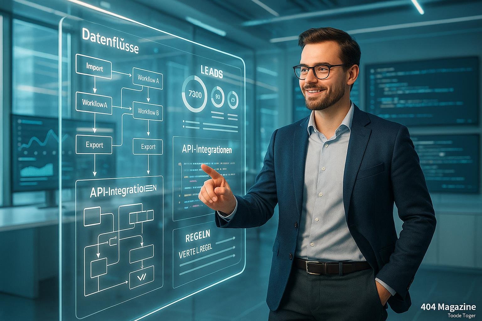 Futuristisches Büro-Setup mit transparentem Display, holografischem Interface und mehreren Bildschirmen, die Daten und Code zeigen