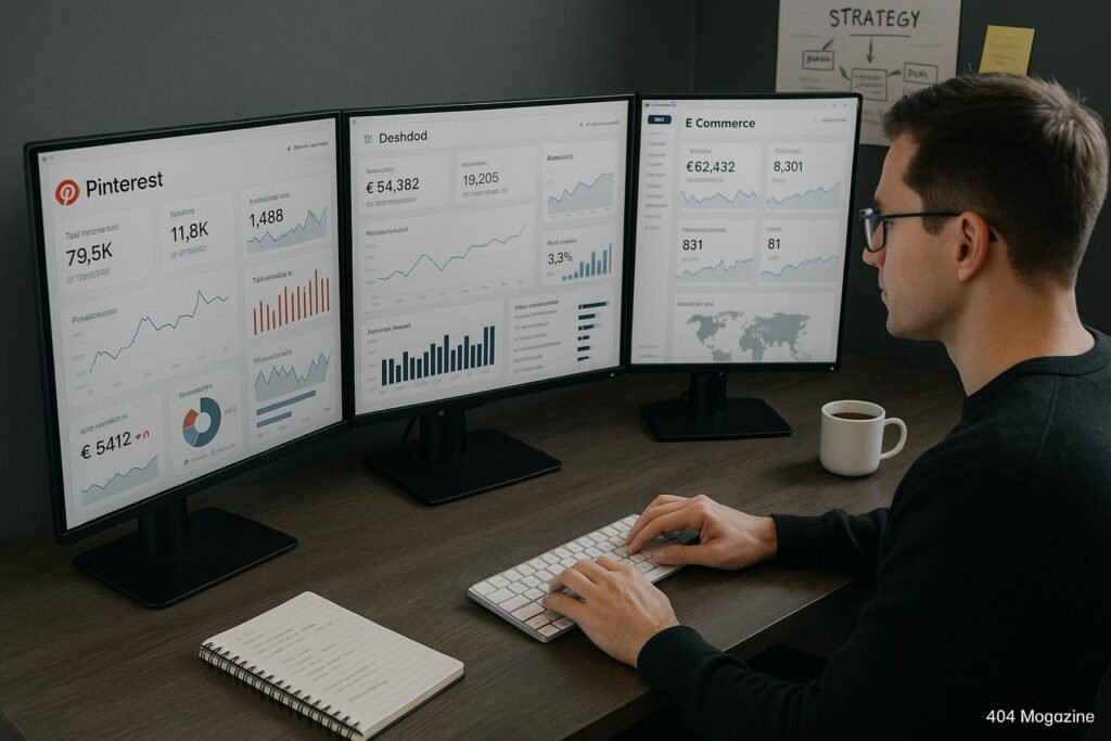 Moderner Arbeitsplatz mit mehreren Monitoren, Analyse-Daten und einer Person, die konzentriert arbeitet, im Hintergrund Notizen und eine Tasse Kaffee, Credit: 404 Magazine (Tobias Hager).