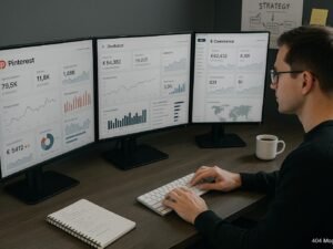 Moderner Arbeitsplatz mit mehreren Monitoren, Analyse-Daten und einer Person, die konzentriert arbeitet, im Hintergrund Notizen und eine Tasse Kaffee, Credit: 404 Magazine (Tobias Hager).