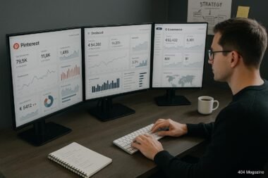 Moderner Arbeitsplatz mit mehreren Monitoren, Analyse-Daten und einer Person, die konzentriert arbeitet, im Hintergrund Notizen und eine Tasse Kaffee, Credit: 404 Magazine (Tobias Hager).