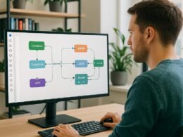 Entwickler in modernem Büro arbeitet an einem großen Bildschirm mit visuellen Automatisierungsprozessen, im Hintergrund Regale mit Büchern und Pflanzen