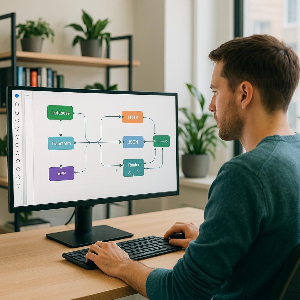 Entwickler in modernem Büro arbeitet an einem großen Bildschirm mit visuellen Automatisierungsprozessen, im Hintergrund Regale mit Büchern und Pflanzen