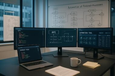 Modernes Büro mit mehreren Monitoren, Code-Feeds, API-Diagrammen und Whiteboards zur Automatisierung, im Vordergrund Laptop, Kaffee und Notizblätter