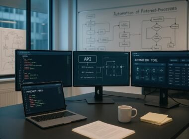 Modernes Büro mit mehreren Monitoren, Code-Feeds, API-Diagrammen und Whiteboards zur Automatisierung, im Vordergrund Laptop, Kaffee und Notizblätter