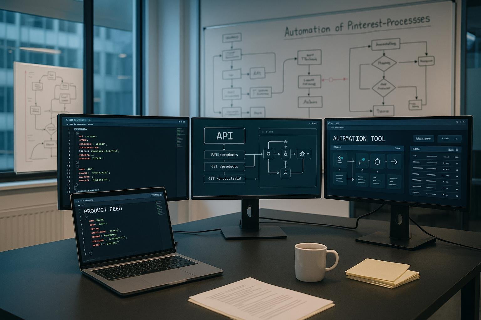 Modernes Büro mit mehreren Monitoren, Code-Feeds, API-Diagrammen und Whiteboards zur Automatisierung, im Vordergrund Laptop, Kaffee und Notizblätter