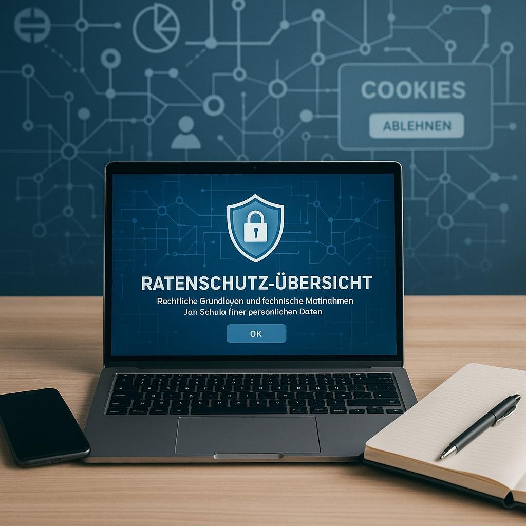 Arbeitsplatz mit Laptop, Smartphone, Notizbuch und Stift, im Hintergrund Daten-Icons und Netzwerkelemente, thematisiert Datenschutz und rechtliche Grundlagen im Online-Marketing.