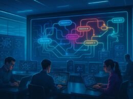 Futuristisches Büro mit großen digitalen Displays, Entwicklern und Data Scientists bei der Arbeit, holografische Anzeigen und energiegeladene Atmosphäre, die die Revolution des Parallel Computing betonen.