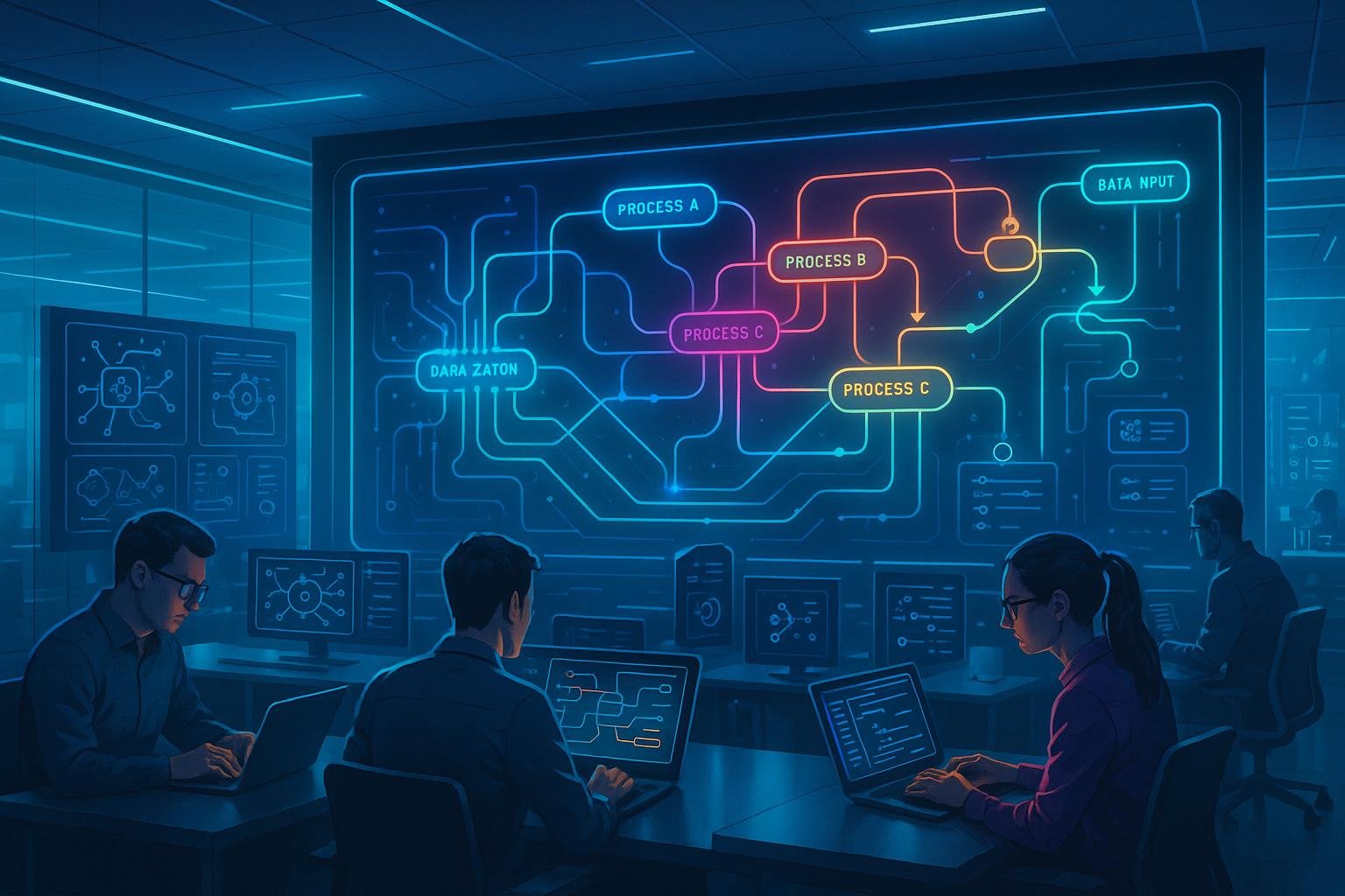 Futuristisches Büro mit großen digitalen Displays, Entwicklern und Data Scientists bei der Arbeit, holografische Anzeigen und energiegeladene Atmosphäre, die die Revolution des Parallel Computing betonen.
