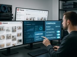 Moderner Workspace mit mehreren Monitoren, digitalem Marketer bei der Verwaltung von Kampagnen, umgeben von technologischen Geräten und Automatisierungsinfrastruktur, Credit: 404 Magazine (Tobias Hager)
