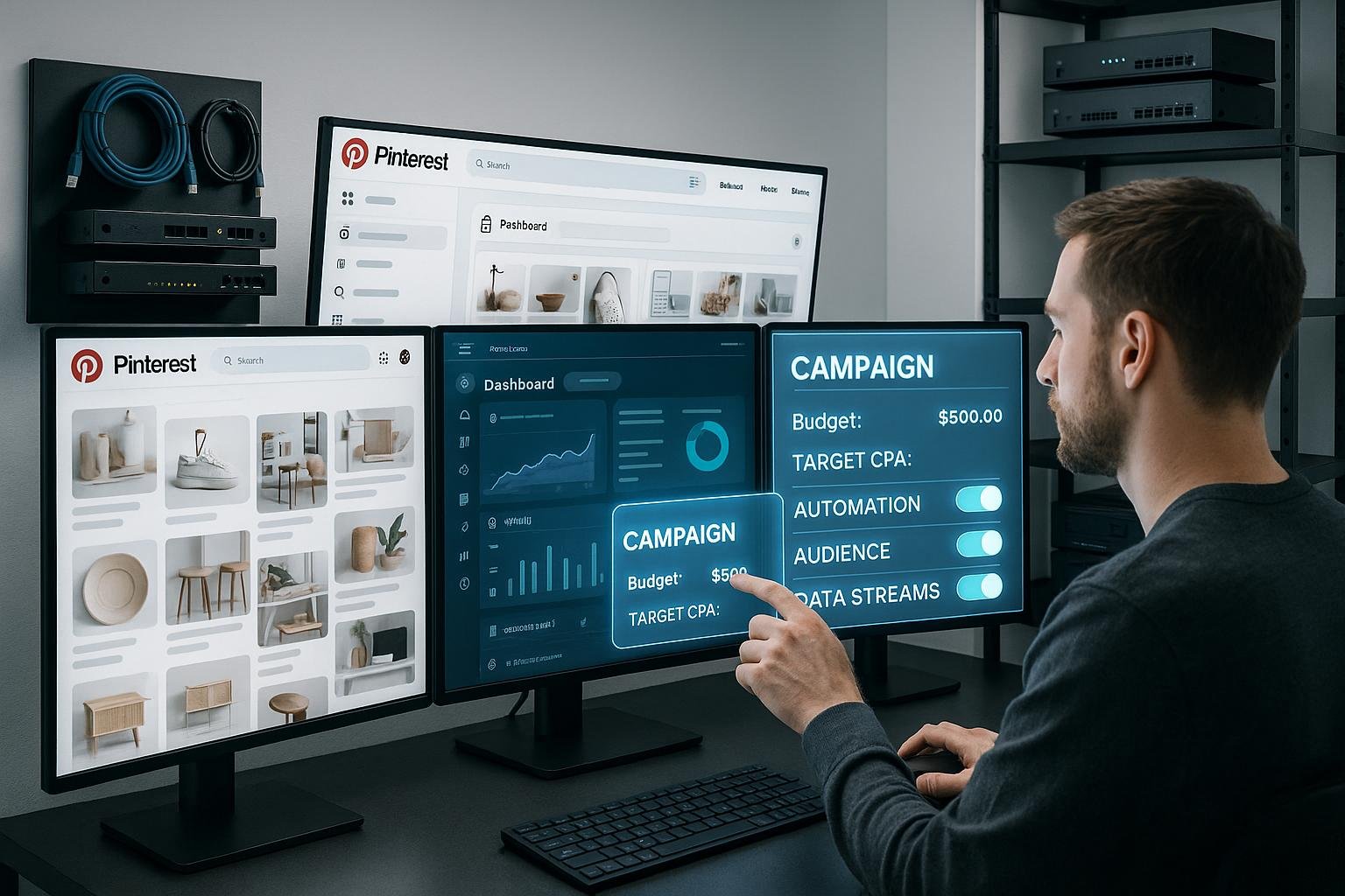 Moderner Workspace mit mehreren Monitoren, digitalem Marketer bei der Verwaltung von Kampagnen, umgeben von technologischen Geräten und Automatisierungsinfrastruktur, Credit: 404 Magazine (Tobias Hager)