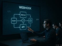 Ein modernes Arbeitszimmer mit digitaler Bildschirmansicht des Webhook-Prozessflusses, Entwickler bei der Konfiguration, Symbole für API, JSON, Sicherheit und Datenströme, mit subtiler Hintergrundgestaltung.