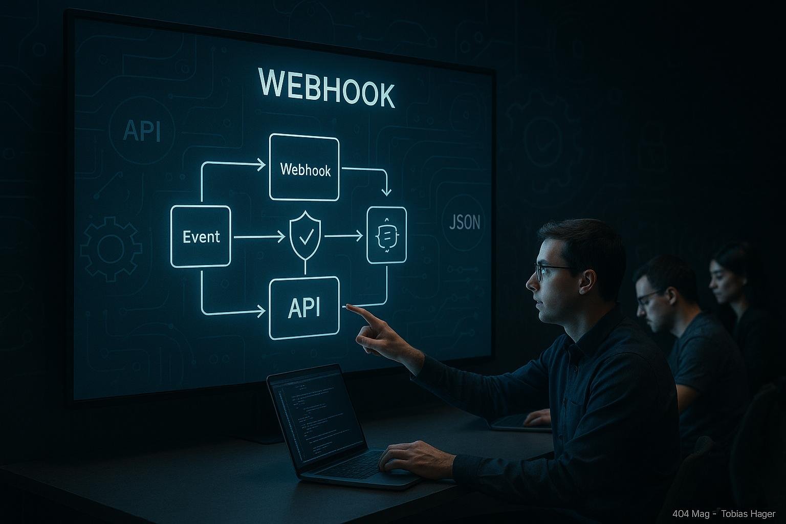 Ein modernes Arbeitszimmer mit digitaler Bildschirmansicht des Webhook-Prozessflusses, Entwickler bei der Konfiguration, Symbole für API, JSON, Sicherheit und Datenströme, mit subtiler Hintergrundgestaltung.