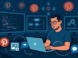 Stilisiertes Digitalbüro mit Monitoren, Code, API-Flows, Automatisierungs-Icons und einem Profi am Laptop, verbunden durch Messenger-Icons und Datenströme, vermittelt intelligente Technik und Kundenbindung.