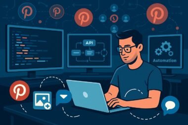 Stilisiertes Digitalbüro mit Monitoren, Code, API-Flows, Automatisierungs-Icons und einem Profi am Laptop, verbunden durch Messenger-Icons und Datenströme, vermittelt intelligente Technik und Kundenbindung.