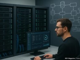 Moderner minimalistischer Serverraum mit Serverracks, LEDs, Kabelmanagement und einem Administrator, der auf einen Monitor schaut, im Hintergrund schematische Datenflüsse und Netzwerke.