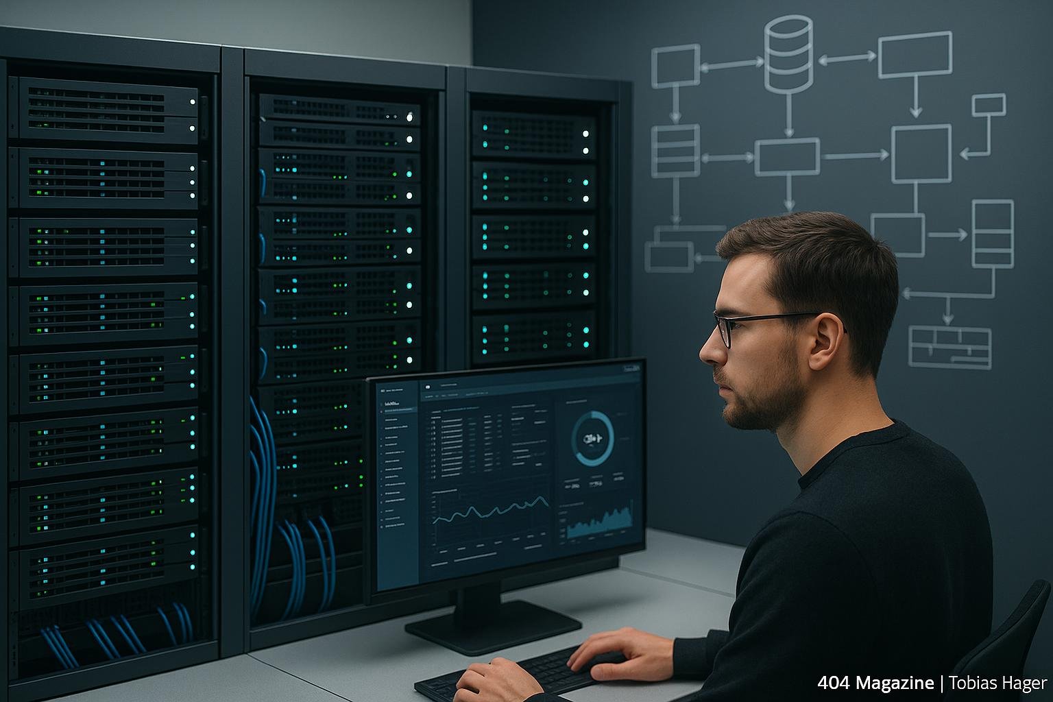 Moderner minimalistischer Serverraum mit Serverracks, LEDs, Kabelmanagement und einem Administrator, der auf einen Monitor schaut, im Hintergrund schematische Datenflüsse und Netzwerke.