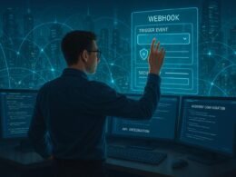 Dateningenieur vor einer großen Konsole mit Monitoren, holografischem Overlay mit Webhook-Triggern und einer futuristischen Stadt im Hintergrund, die Datenströme zeigt