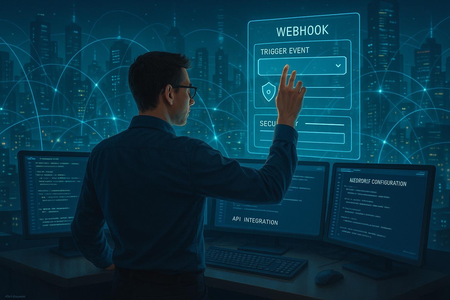 Dateningenieur vor einer großen Konsole mit Monitoren, holografischem Overlay mit Webhook-Triggern und einer futuristischen Stadt im Hintergrund, die Datenströme zeigt