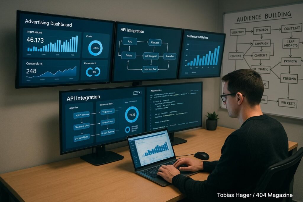 Modernes Büro mit großen Bildschirmen, die Datenvisualisierungen, API-Flüsse und Zielgruppenanalysen im digitalen Marketing zeigen, mit einem professionellen Marketer am Laptop.