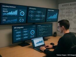 Modernes Büro mit großen Bildschirmen, die Datenvisualisierungen, API-Flüsse und Zielgruppenanalysen im digitalen Marketing zeigen, mit einem professionellen Marketer am Laptop.