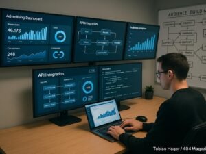 Modernes Büro mit großen Bildschirmen, die Datenvisualisierungen, API-Flüsse und Zielgruppenanalysen im digitalen Marketing zeigen, mit einem professionellen Marketer am Laptop.