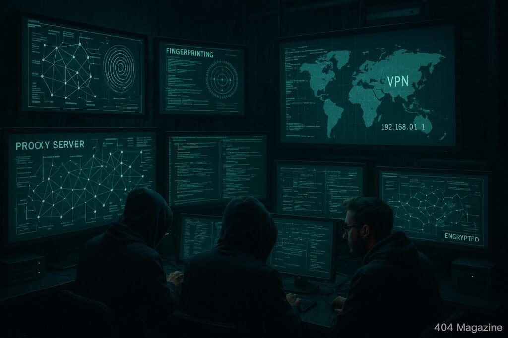 Futuristischer Computerraum mit Hackern vor Monitoren, die komplexe Codes, Netzwerkdiagramme, verschlüsselte Datenströme und VPN-Icons zeigen, im dunklen, technologisch fortschrittlichen Ambiente.