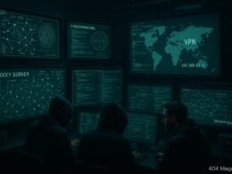 Futuristischer Computerraum mit Hackern vor Monitoren, die komplexe Codes, Netzwerkdiagramme, verschlüsselte Datenströme und VPN-Icons zeigen, im dunklen, technologisch fortschrittlichen Ambiente.