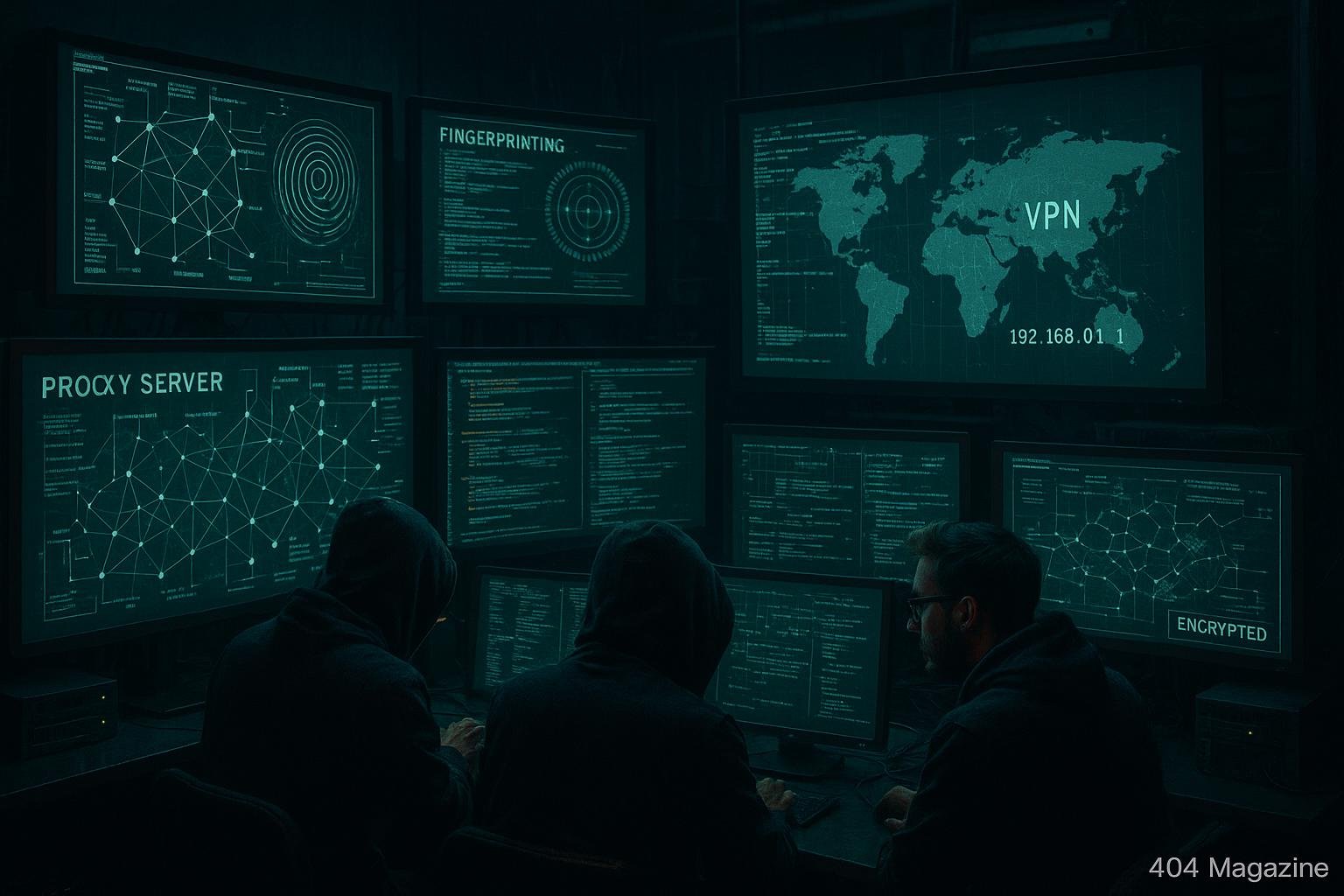 Futuristischer Computerraum mit Hackern vor Monitoren, die komplexe Codes, Netzwerkdiagramme, verschlüsselte Datenströme und VPN-Icons zeigen, im dunklen, technologisch fortschrittlichen Ambiente.