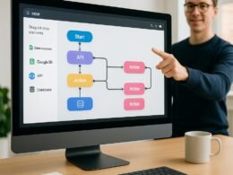 Moderner Arbeitsplatz mit Monitor, der eine intuitiv gestaltete Drag-and-Drop Workflow-Oberfläche mit verbundenen Datenquellen zeigt, umgeben von minimalistischen Büroaccessoires. Hinter einer Person, die auf den Bildschirm zeigt.
