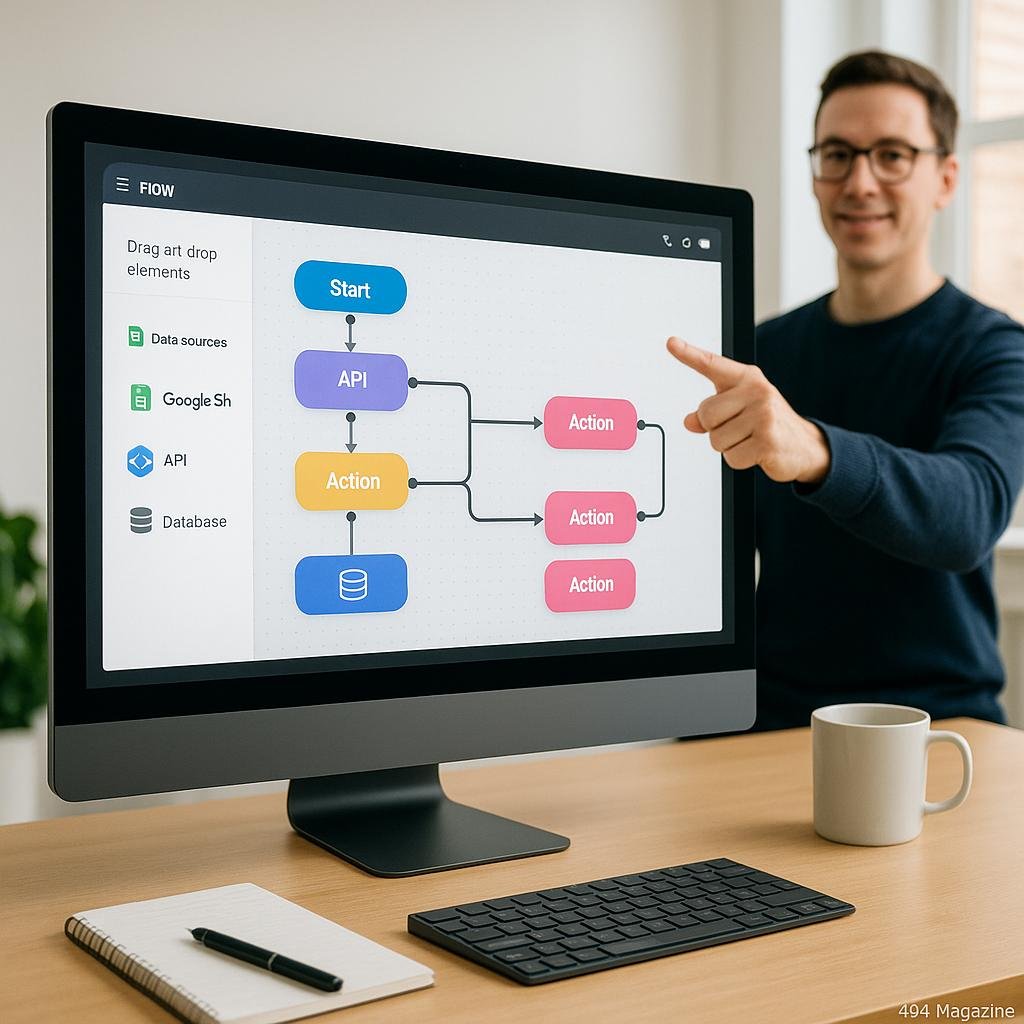 Moderner Arbeitsplatz mit Monitor, der eine intuitiv gestaltete Drag-and-Drop Workflow-Oberfläche mit verbundenen Datenquellen zeigt, umgeben von minimalistischen Büroaccessoires. Hinter einer Person, die auf den Bildschirm zeigt.
