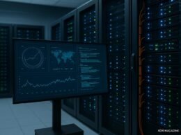 Moderner Serverraum mit Serverracks, großen Bildschirm mit Diagrammen und Codes, technische Geräte und Netzwerkkabel, vermittelt Innovation und Datensicherheit.