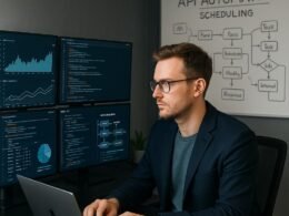 Person in Business Casual arbeitet an mehreren Monitoren mit Diagrammen, Code-Snippets und API-Workflows in einem modernen Büro mit Whiteboard im Hintergrund