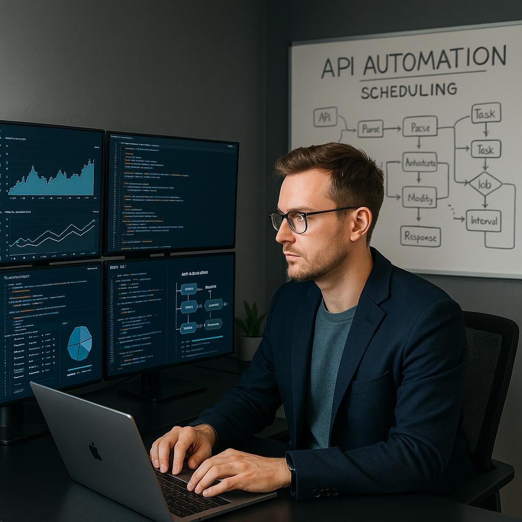 Person in Business Casual arbeitet an mehreren Monitoren mit Diagrammen, Code-Snippets und API-Workflows in einem modernen Büro mit Whiteboard im Hintergrund